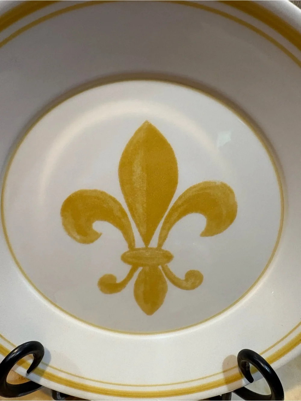 Williams Sonoma White Ceramic Mug and Plate with Yellow Fleur-de-Lis